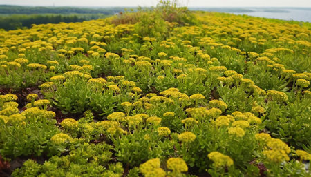 Yellow flowers in the field on the background of the sea and skyの素材
