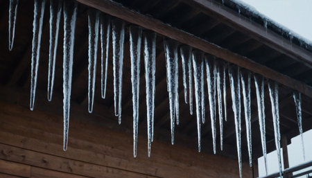 Icicles hanging from the roof of a wooden house in winterの素材