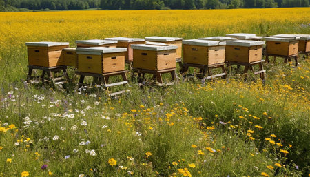 Beehives in a field of blooming wildflowers.の素材