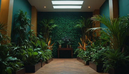 Interior of a hotel lobby with green plants and a reception deskの素材