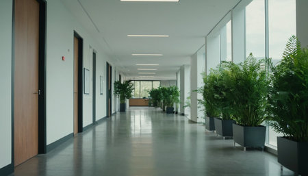 Interior of modern office building. Long corridor with many plants.の素材