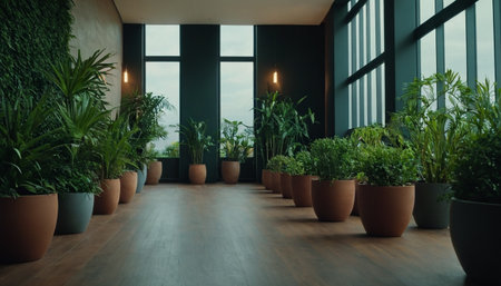 Interior of modern living room with green plants in pots. 3d renderingの素材