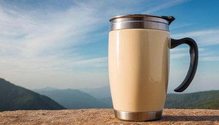 Coffee cup on the top of mountain with blue sky backgroundの素材