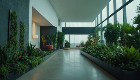 interior of a modern office building with large windows and green plantsの素材
