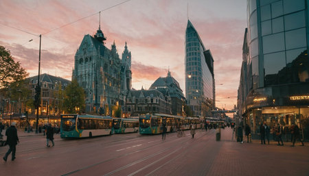 Cityscape of Amsterdam at sunset.の素材
