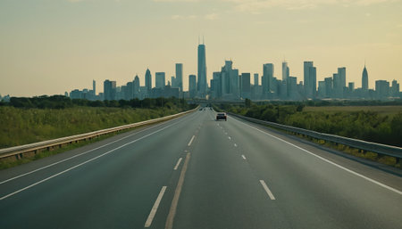 Highway in Chicago, Illinois with skyscrapers in the backgroundの素材