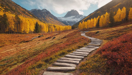 Beautiful autumn alpine landscape with colorful forest and wooden path.の素材