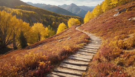 Autumn mountain landscape with colorful forest and wooden walkway in the mountainsの素材
