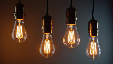 Incandescent Edison light bulbs on a dark background with copy spaceの素材