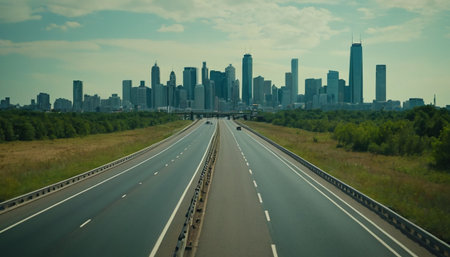 Chicago Skyline, Illinois, United States, as seen from a highway.の素材