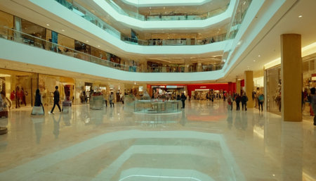 Shopping mall interior with people walking. Shallow depth of field.の素材