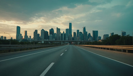Highway in the city with skyscrapers in the background.の素材