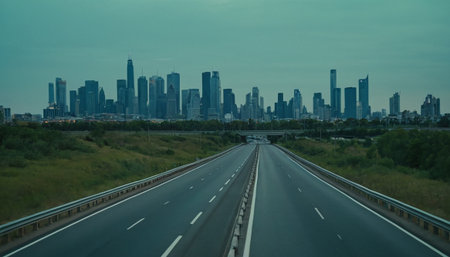 Panoramic view of Los Angeles skyline from the highway in Californiaの素材