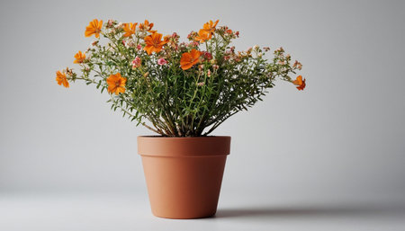 Flower pot with orange and white flowers on a white background.の素材
