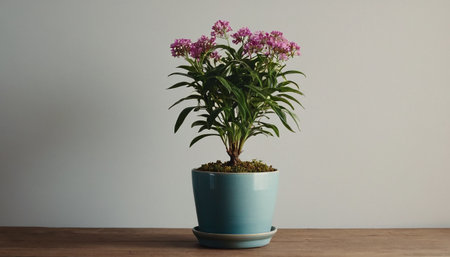 Plant in blue pot on wooden table and white wall background.の素材