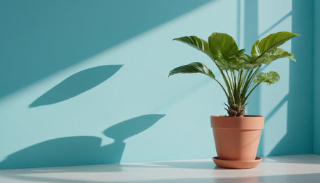 Houseplant in pot on white table and blue wall background with shadowの素材