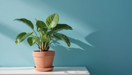 Indoor plant in a pot on a blue wall background with copy spaceの素材