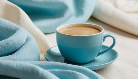 Cup of coffee with blue cloth on white tablecloth background.の素材