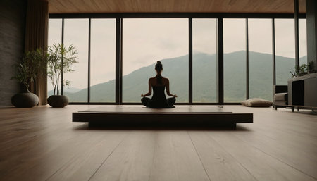 Young woman practicing yoga in a room with a panoramic view of the mountainsの素材