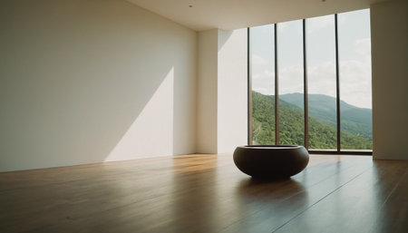 interior modern house, large living room with panoramic windowの素材