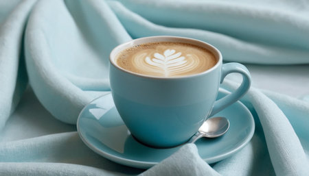Cup of cappuccino with latte art on blue fabricの素材