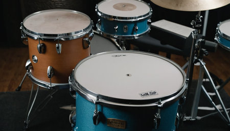 Drum kit with drumsticks and cymbals, close upの素材