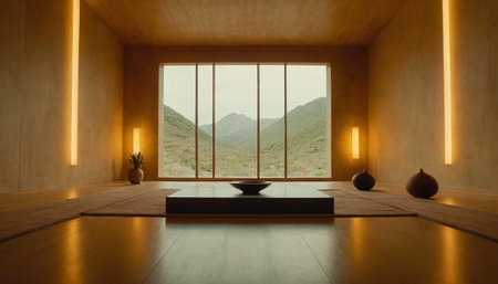 3d rendering of a room with a large window overlooking the mountainsの素材