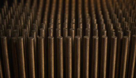 A close up shot of a bunch of metal rods in a warehouseの素材