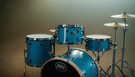 Drum set on dark background. Blue drum kit on dark backgroundの素材