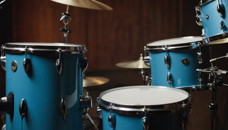 Drum set on a wooden background, close-up, selective focusの素材