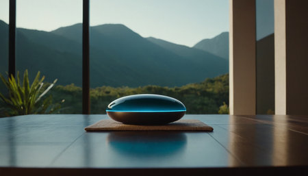Wireless mouse on the wooden table with mountain view in the backgroundの素材