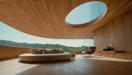 Interior of a modern living room with a panoramic viewの素材