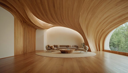 Interior of modern living room with wooden walls, wooden floor and sofaの素材