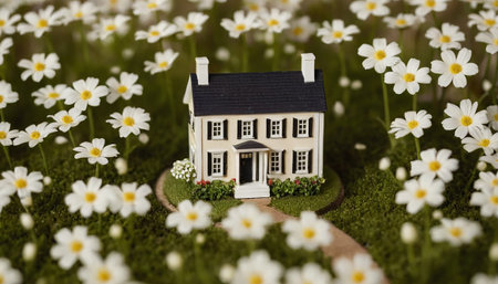 Miniature house on the grass with white daisies background.の素材
