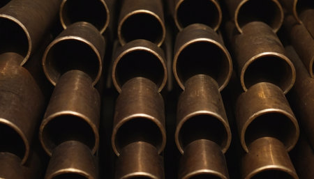 Metal pipes of different sizes in a warehouse, close-up.の素材