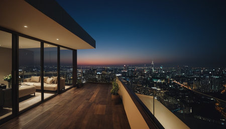 Luxury balcony with a view of the city at night.の素材
