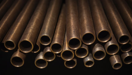Metal pipes of different diameters on a black background close-upの素材