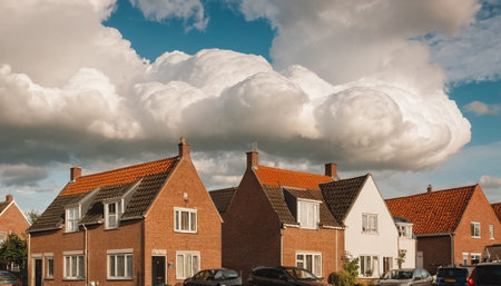 Row of red brick houses in the Netherlands with clouds in the skyの素材