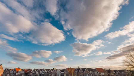 Panoramic view of typical Dutch houses and cloudy sky in the Netherlandsの素材