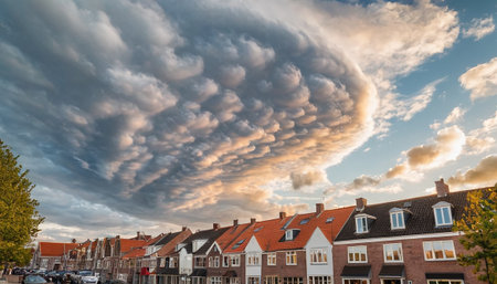 Clouds over houses in Bruges, West Flanders, Belgiumの素材