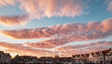 Sunset over a row of houses in the town of Bruges, Belgiumの素材
