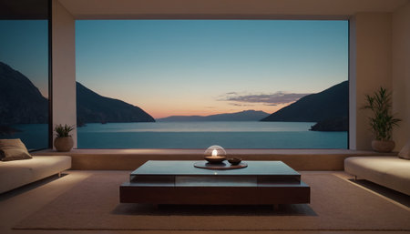 Interior of a modern living room with sea view. 3d renderingの素材