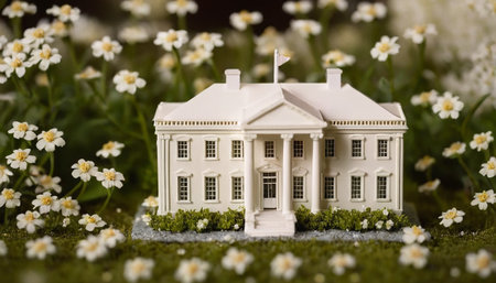 Model of a white house on moss with white flowers in the backgroundの素材
