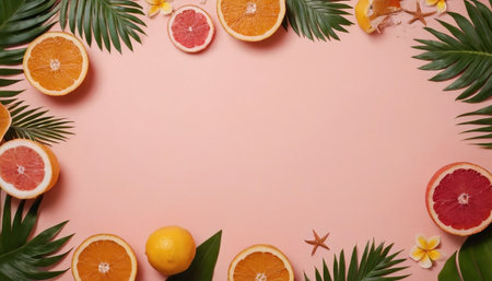 Creative layout made of citrus fruits on pastel pink background. Flat lay, top view, copy spaceの素材