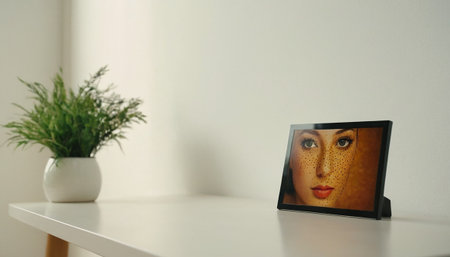 Closeup of tablet pc with portrait of young woman on screen.の素材