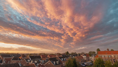 Sunset over the city of Haarlem in the Netherlands.の素材