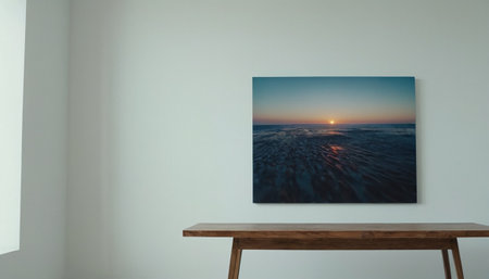 Empty picture frame on white wall in living room with sea view.の素材