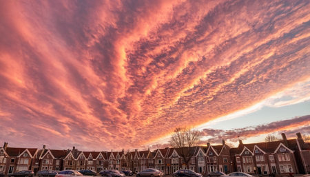 Sunset over a row of houses in the Dutch village of Rotterdamの素材