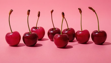 Ripe red cherries on a pink background, close-upの素材