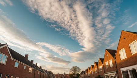 Row of houses in a row in the Netherlands with sky and cloudsの素材